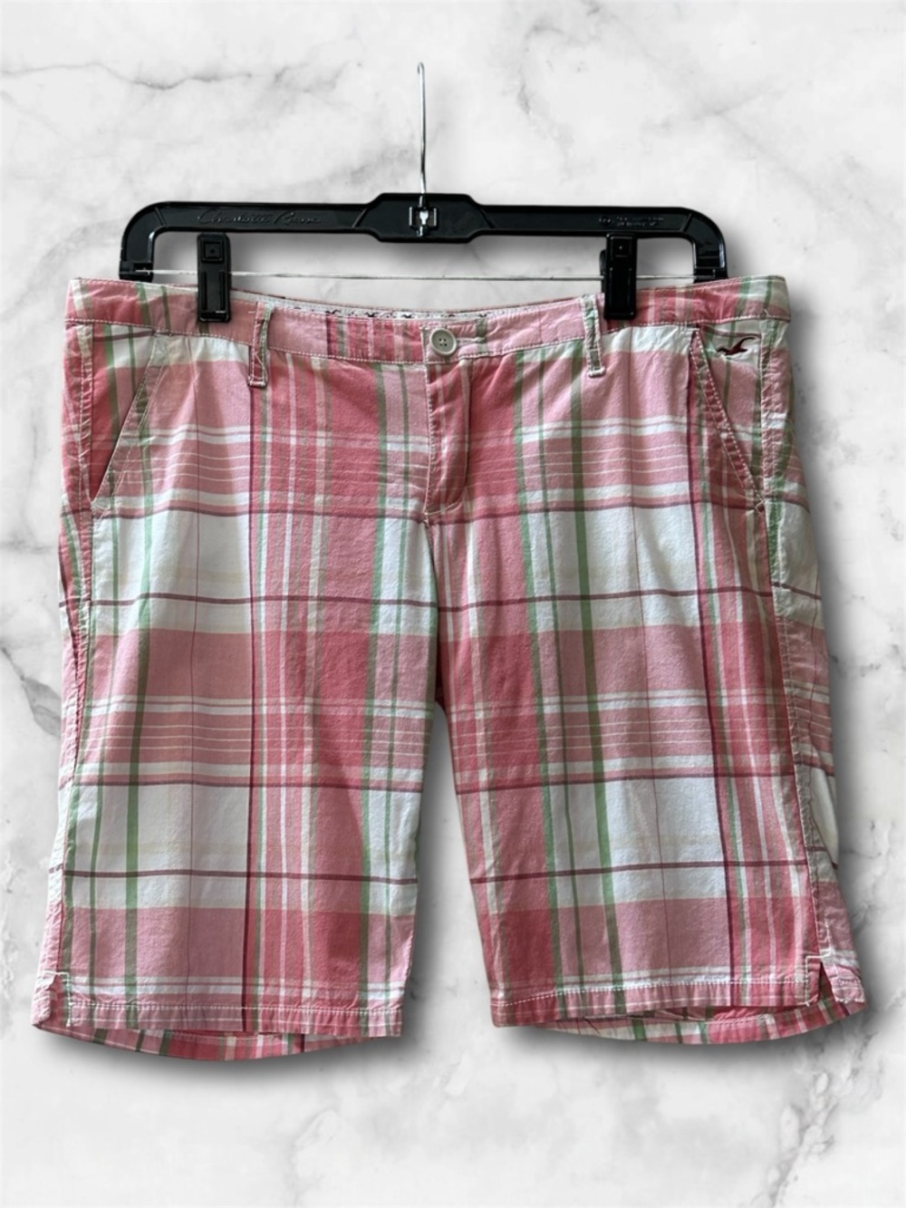 Hollister Plaid Bermuda Shorts Pink White 
Y2K Preppy Low Rise Cotton Size 5 - Picture 2 of 8
